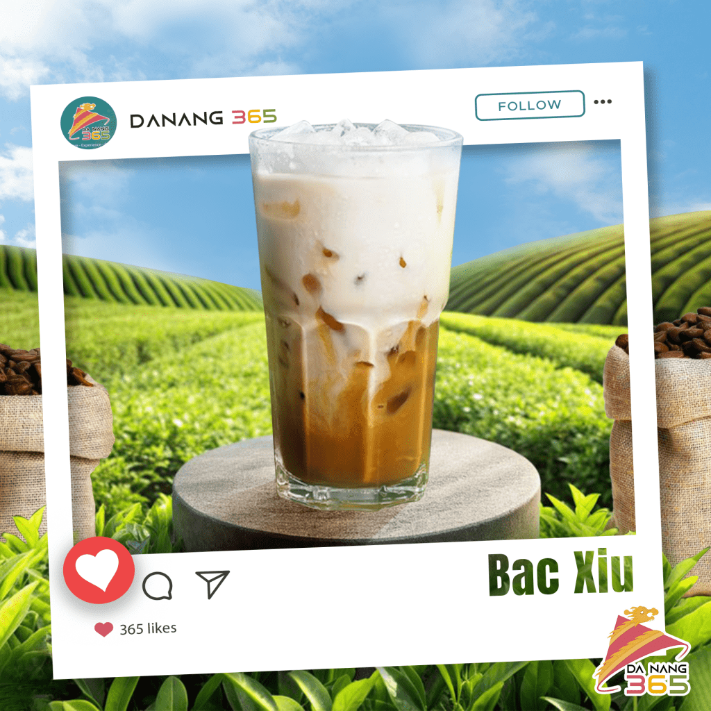 A vibrant image of Vietnamese bạc xỉu coffee, framed by lush green fields and a bright blue sky, perfect for showcasing on Da Nang 365's Instagram.