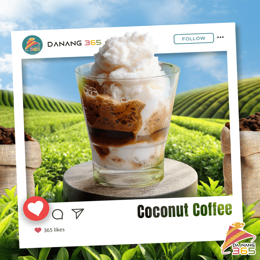 A refreshing image of Vietnamese coconut coffee, set against vibrant green fields and a clear blue sky, beautifully framed for Da Nang 365 on Instagram.