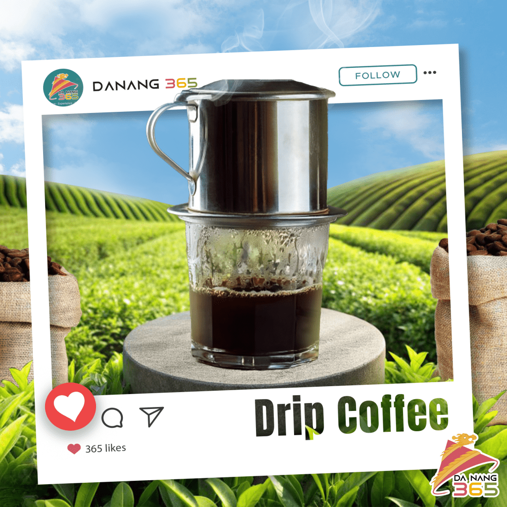 A picturesque image of Vietnamese phin coffee set against lush green fields and a bright blue sky, framed perfectly for Da Nang 365 on Instagram.