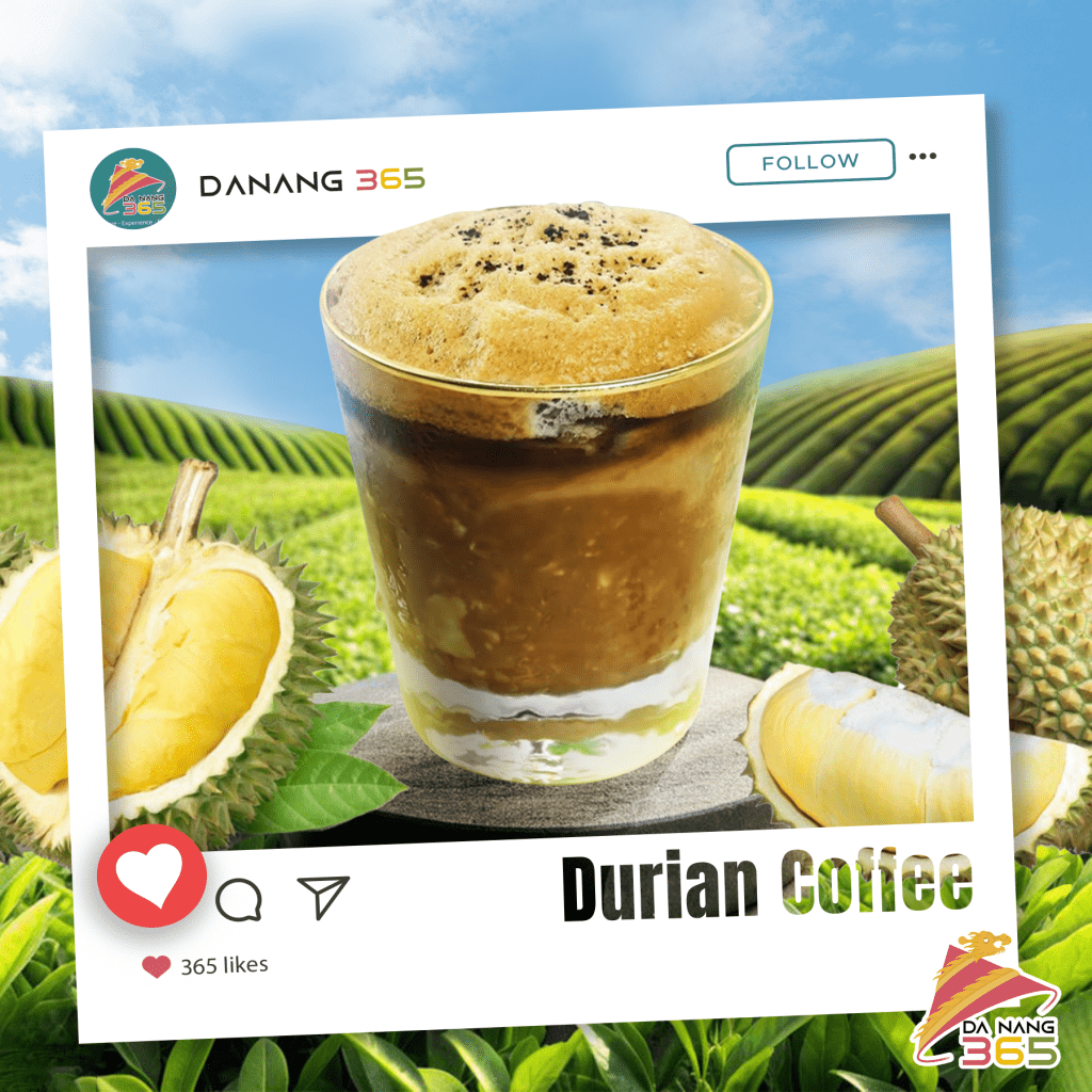 A delightful image of Vietnamese durian coffee, set against a backdrop of lush green fields and a clear blue sky, perfectly framed for Da Nang 365's Instagram.