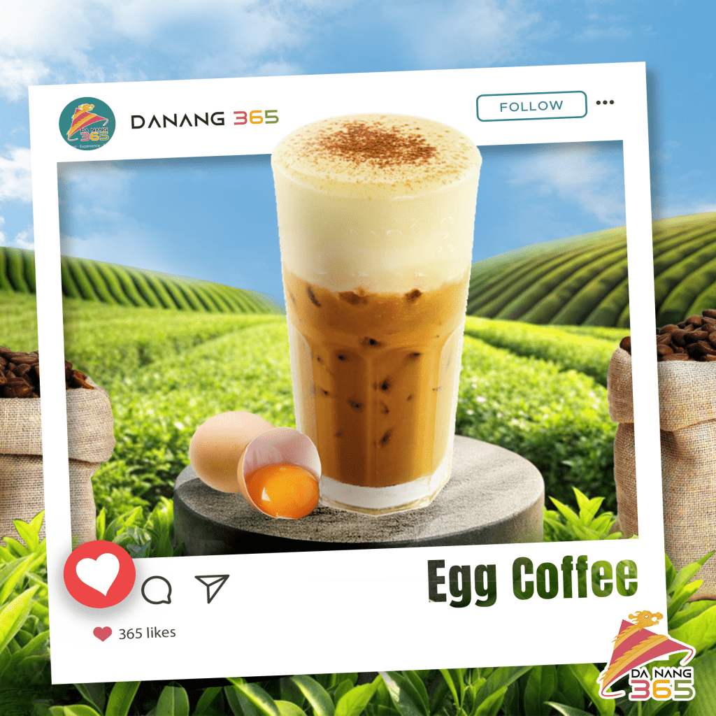 A delightful image of Vietnamese egg coffee, set against lush green fields and a bright blue sky, beautifully framed for Da Nang 365 on Instagram.