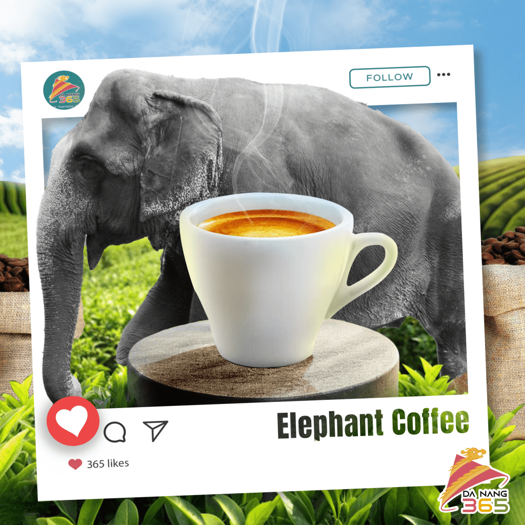 A delightful image of Vietnamese elephant coffee, set against a backdrop of lush green fields and a clear blue sky, perfectly framed for Da Nang 365 on Instagram.