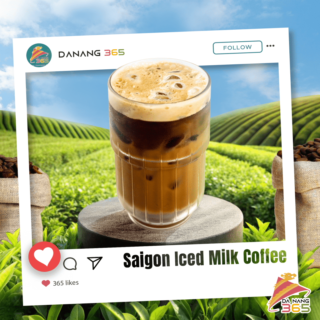 A refreshing image of Saigon iced milk coffee, set against vibrant green fields and a bright blue sky, perfectly framed for Da Nang 365's Instagram.
