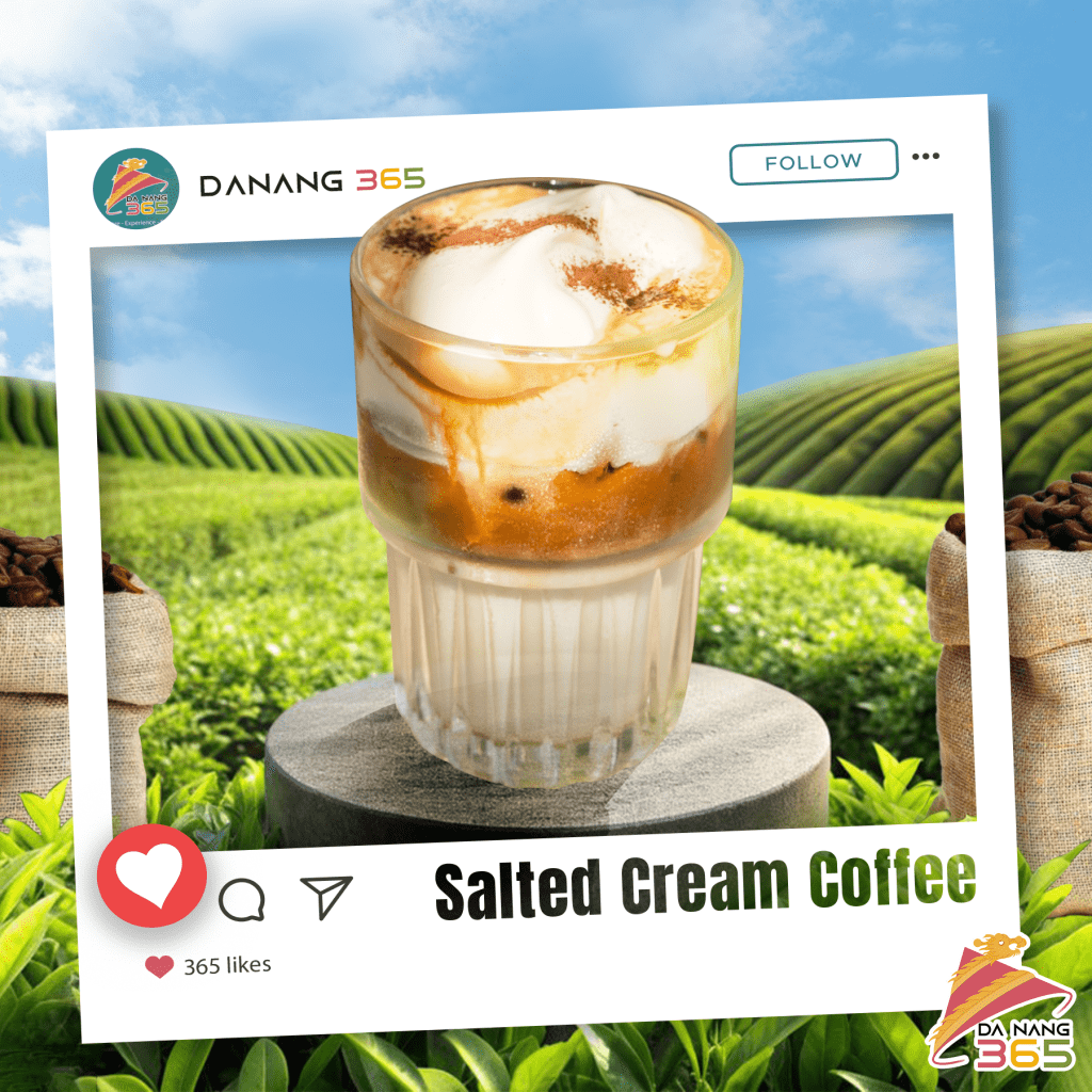 A captivating image of Vietnamese salted coffee set against lush green fields and a bright blue sky, beautifully framed for Da Nang 365's Instagram.