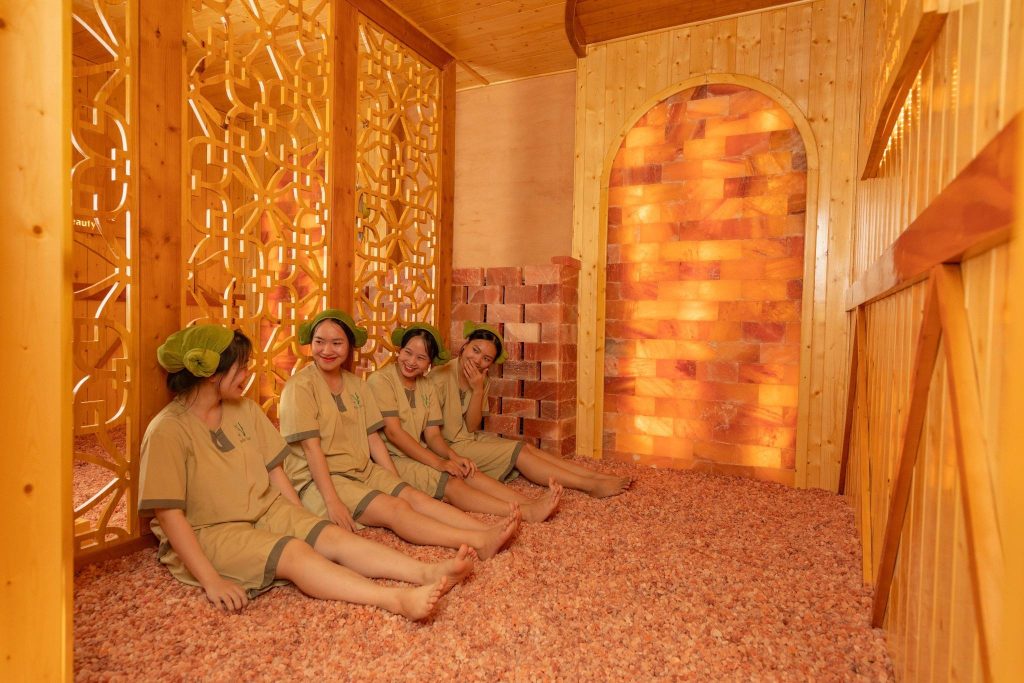 Interior of sauna room with sauna stones at Nguon Spa