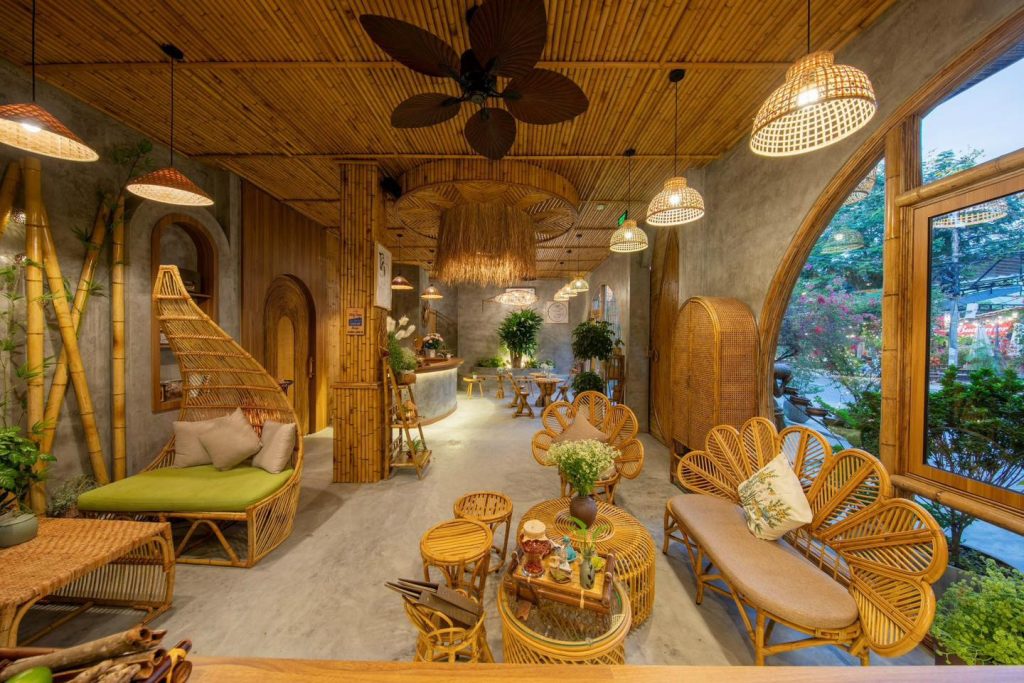 Interior of Nguồn Spa with rustic bamboo decor and soothing lighting