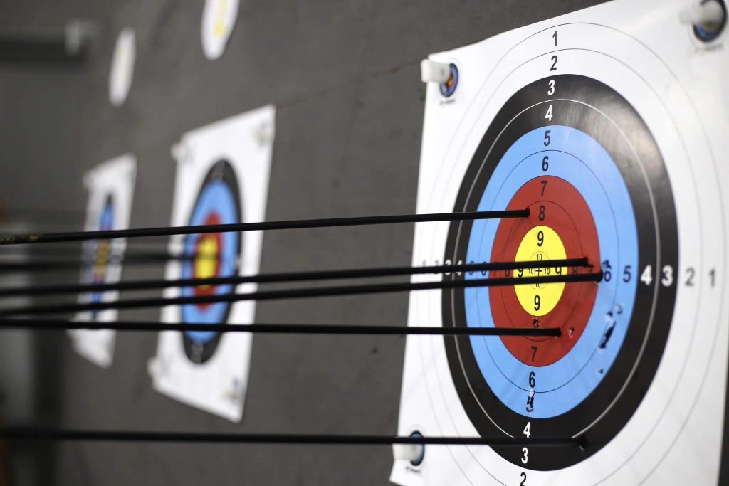 Close-up image of a bullseye target, with concentric rings clearly visible, used for archery practice.