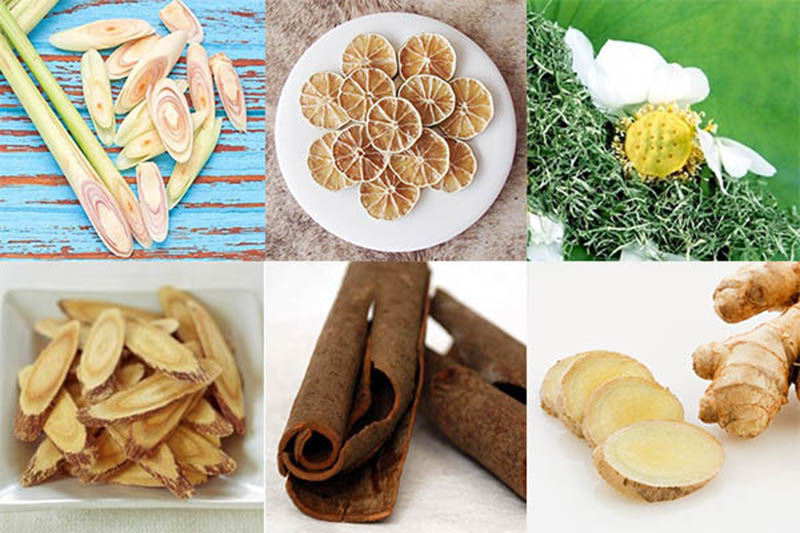 the 6 key ingredients to make Nước Mót: lemongrass, lime, ginger, lotus leaf, herbal tea, and brown sugar