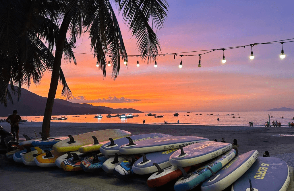 The paddleboards and the sunrise at the beach.