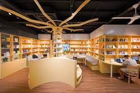 Inside Mọt Zone bookstore café in Da Nang, the cozy and elegant atmosphere features shelves lined with books and stylish lighting.
