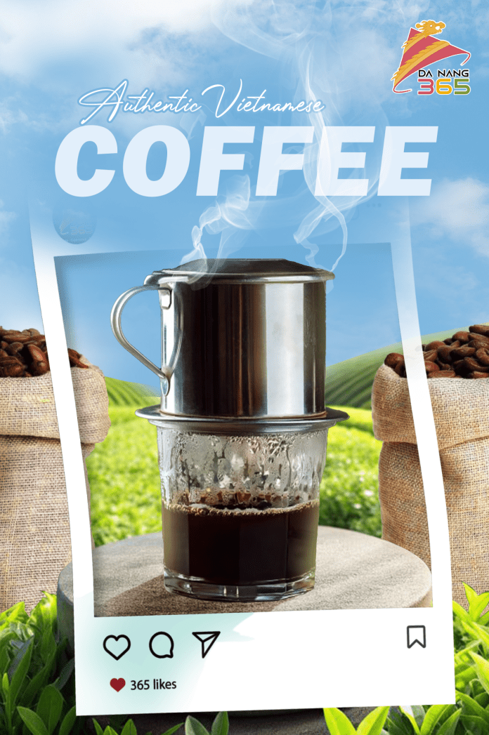 A picturesque image of Vietnamese phin coffee set against lush green fields and a bright blue sky, framed perfectly for Da Nang 365 on Instagram.